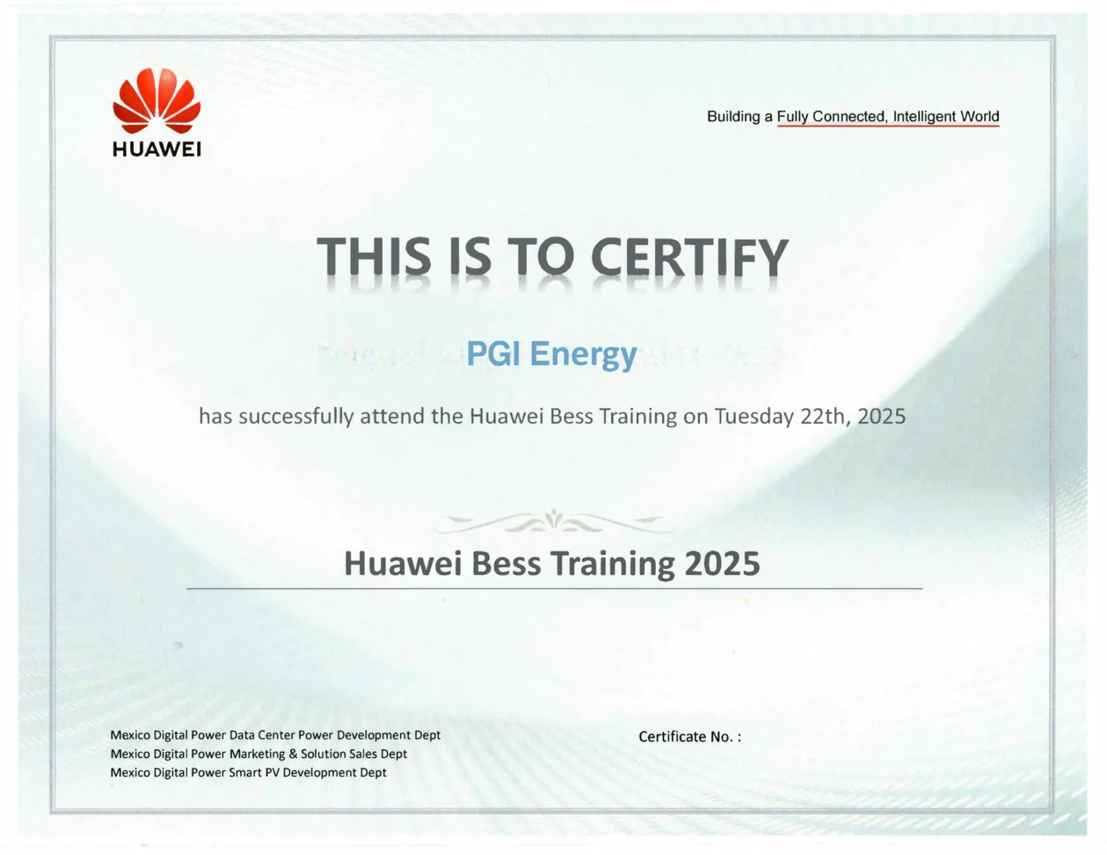 Certificado Huawei BESS Training 2025 otorgado a PGI Energy