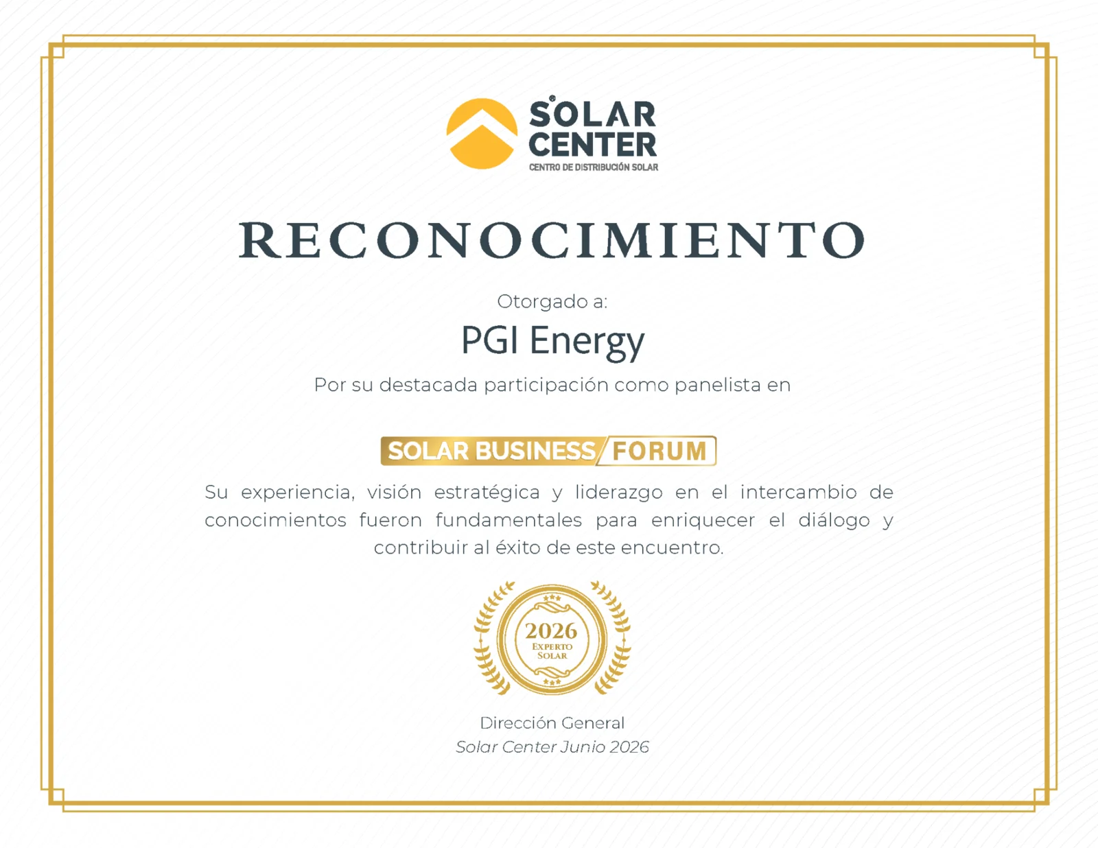 Reconocimiento Solar Center a PGI Energy por su participación como panelista en Solar Business Forum 2026
