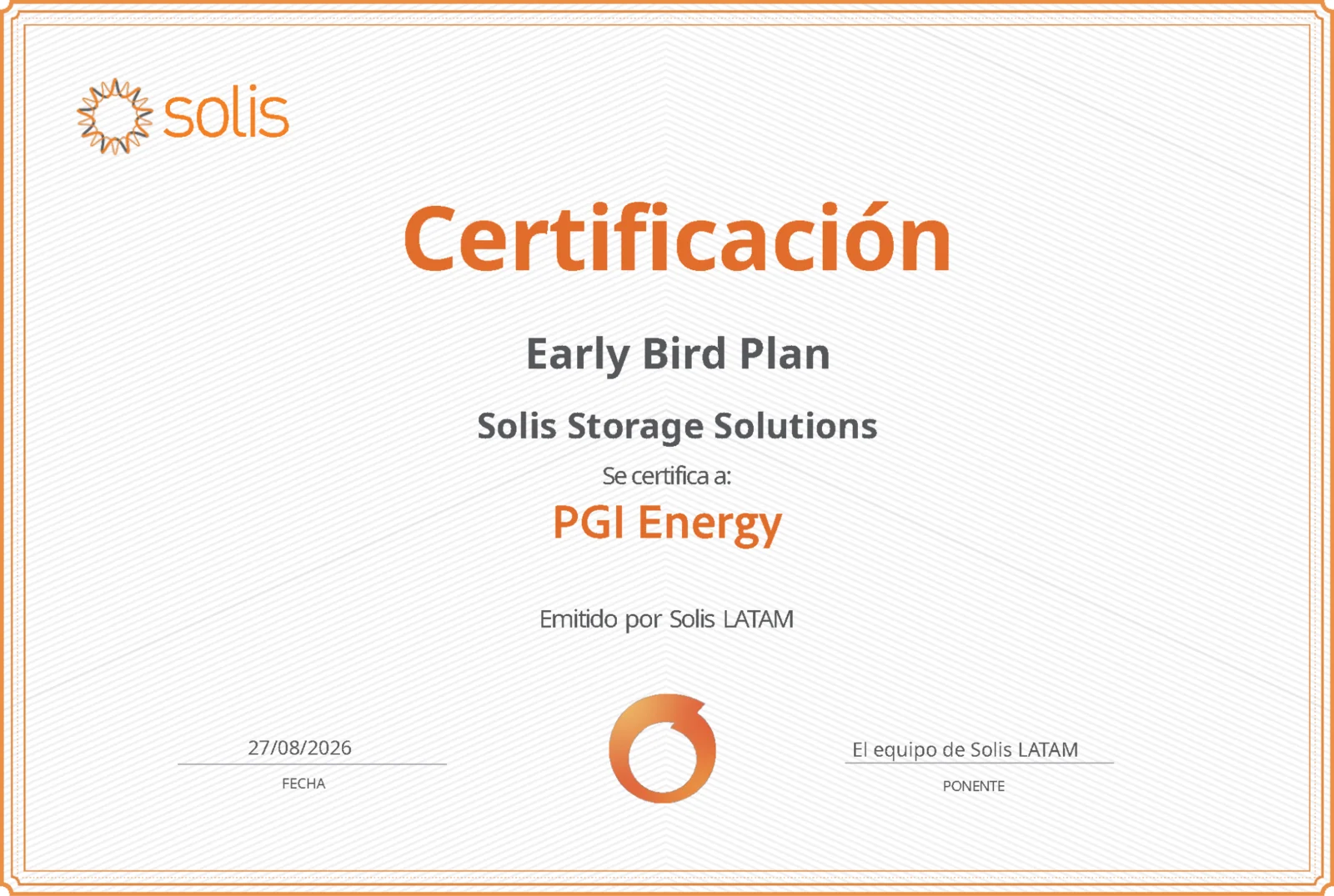 Certificación Solis Storage Solutions Early Bird Plan otorgada a PGI Energy en 2026